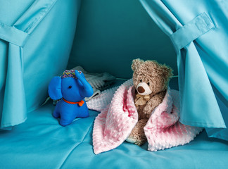 blue children tent with toys