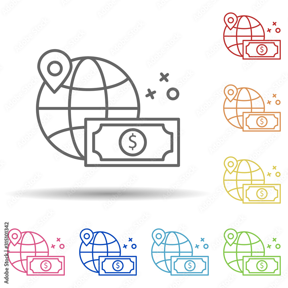 Poster global location dollar shopping in multi color style icon. simple thin line, outline vector of onlin