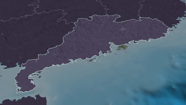 Guangdong, province with its capital, zoomed and extruded on the administrative map of China in the conformal Stereographic projection. Animation 3D