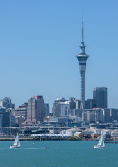Auckland New Zealand Skyline city with skytower and sailing boats