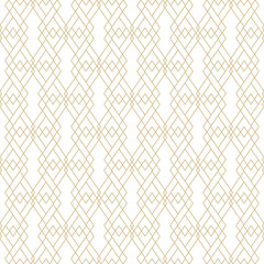 Vector golden lines pattern. Elegant geometric seamless texture with grid, diamonds, rhombuses, thin linear shapes. Abstract white and gold graphic ornament. Art deco style. Subtle repeated background