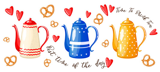 Cute set teapots with pretzels and little hearts on a white background. Сartoon style.