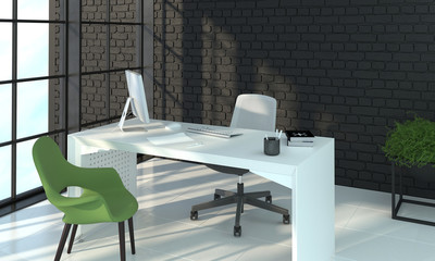 Workplace without people in the office space. Study room for customer service in black and white colors. 3D rendering of interior in loft style.