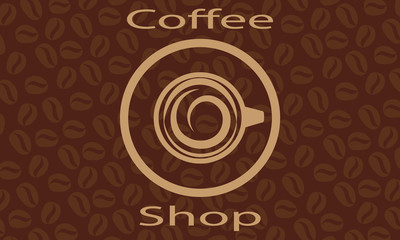 Coffee shop logo, cup of coffee top view, stylish background.