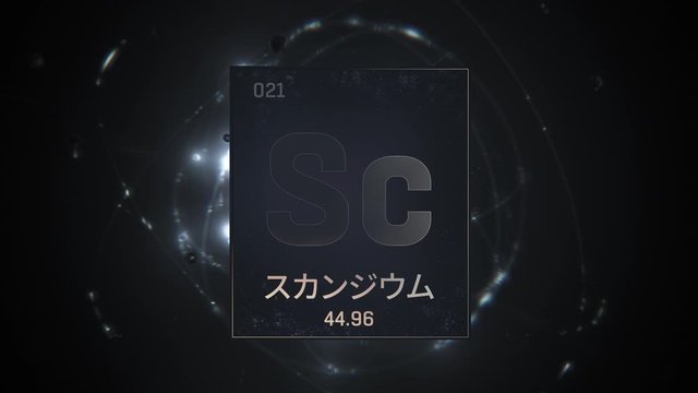 Scandium as Element 21 of the Periodic Table. Seamlessly looping 3D animation on silver illuminated atom design background orbiting electrons name, atomic weight element number in Japanese language