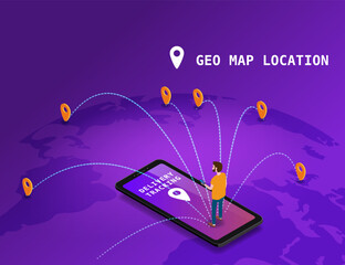 Global tracking system Delivery service online isometric design with smartphone, user man, markers, boxes on map Earth