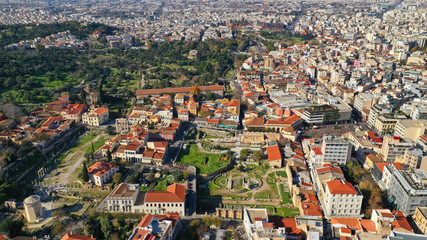 Fototapeta na wymiar Aerial drone photo of picturesque Plaka district in the slopes of Acropolis hill, Athens historic centre, Attica, Greece