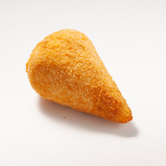 Coxinha is a popular food in Brazil consisting of chopped or shredded chicken meat, covered in dough, molded into a shape resembling a teardrop, battered and fried.