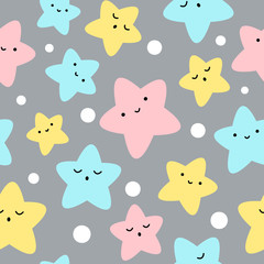 Multicolor stars, cute seamless pattern for babies, kids print. Vector illustration on grey background.