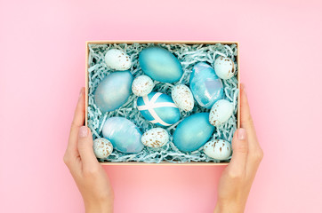 Fototapeta na wymiar Blue Easter quail and chicken eggs packed by female hands in a box with straw packing filler on a pink background