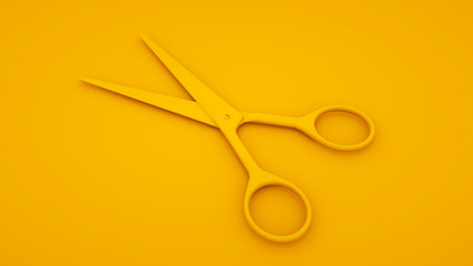 Scissor barber hair 3d illustration on yellow background. Minimal idea concept