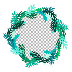 Fototapeta na wymiar Round frame is surrounded by different leaves and plants. Vector illustration for your design.