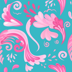 Fototapeta na wymiar Rose lines and floral ornaments, drops and splashes of water. Continuous seamless pattern