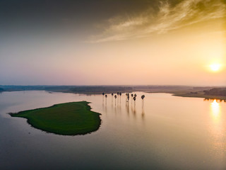 aerial view of a lake with palm trees and a beautiful small island famous for bird nesting with green vegetation cover with sun rising dramatically in the background. 