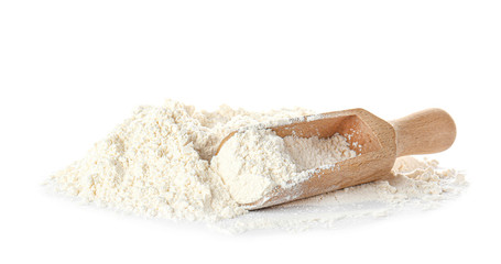 Scoop with flour on white background