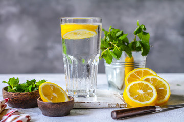 Photo of fresh cool lemon mint water. Infused water. Cocktail. Detox drink. Health care. Fitness. Summer drink. Still life photography. Image.