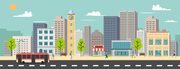 Cityscape and company buildings , minibus and van on street vector illustration.Business buildings and public bus stop in urban.Smart city with sky background - obrazy, fototapety, plakaty