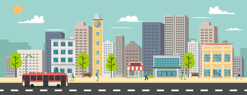 Cityscape and company buildings , minibus and van on street vector illustration.Business buildings and public bus stop in urban.Smart city with sky background