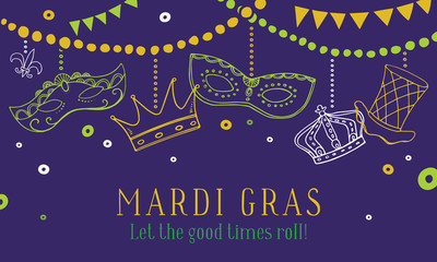 Mardi Gras composition with masks, crowns and hat hanging on beads. Vector hand drawn sketch color illustration - obrazy, fototapety, plakaty