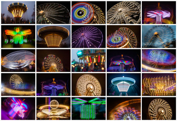 Set of colorful rides in amusement park.