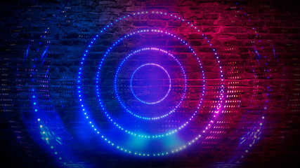 Old brick wall with neon lights. Neon shapes on brick wall background.