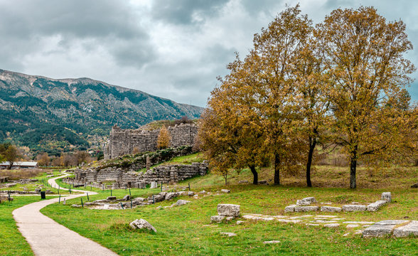 Dodona, in Epirus, Greece was the oldest Hellenic (Ancient Greek) oracle. The ruins of the big Ancient Theatre and of the Bouleuterion are seen in the picture, with mount Tomaros in the background.