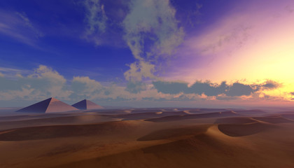 Sand desert at sunset, beautiful sunrise in the desert