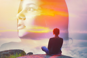 Abstract double multiply exposure girl head portrait outdoors on nature Beautiful woman sits back in a pose of a lotus practice air yoga meditation, amazing top view lake sunset. Free soul zen concept