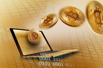 Golden Bitcoins over laptop