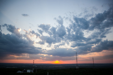  sunset over the city, city view, romantic evening on the roof of the house
