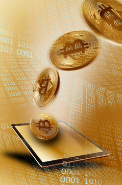 Golden Bitcoins over digital tablet