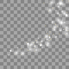 Gold glittering star dust trail sparkling particles isolated on transparent background. Vector white glitter wave abstract illustration. Light glow effect stars bursts with sparkles