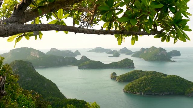 Bird eye panoramic aerial top view of Islands in ocean at Ang Thong National Marine Park near touristic Samui paradise tropical resort. Archipelago in the Gulf of Thailand. Idyllic natural background.
