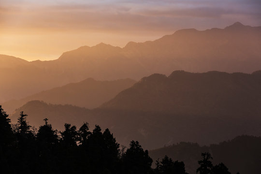 Silhouette tranquil mountain range at sunset, Supi Bageshwar, Uttarakhand, Indian Himalayan Foothills