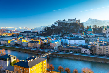 Beautiful panoramic view of the historic city of Salzburg in winter, Austria