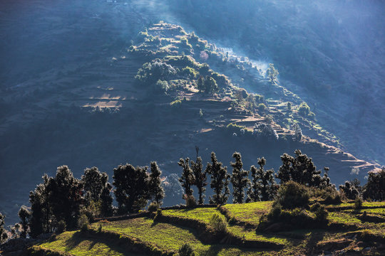 Scenic view sunny foothills, Supi Bageshwar, Uttarakhand, Indian Himalayan Foothills