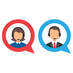 male and female call center icon works in headphones with a microphone.