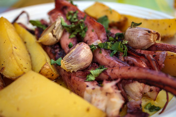 Roasted octopus with potatoes, garlic and olive oil. Portuguese gastronomy
