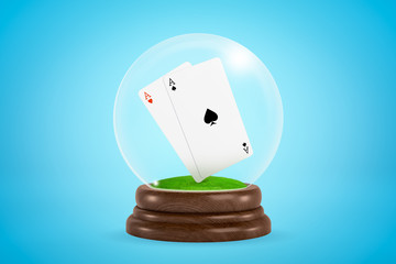 3d rendering of ace of hearts and ace of spades floating inside glass ball globe on blue background.