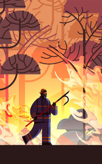 brave firefighter holding scrap extinguishing dangerous wildfire fireman fighting with bush fire firefighting natural disaster concept intense orange flames full length vertical vector illustration