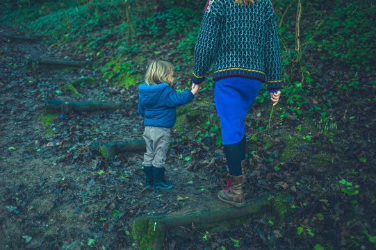 Young mother and toddler walking in the woods