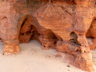 landscape with sandstone cliff fragments on blurred background