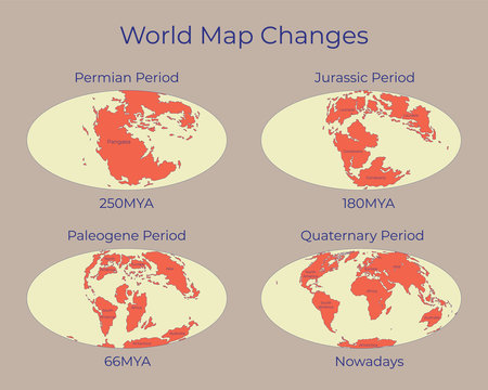 Map of the World and changes in different geological periods. Colorful vector illustration of Worldmap with names of continents isolated on background. 250mya, 180mya, 66mya and nowadays projections.