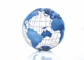 Earth globe stylized with metal grid. Atlantic Ocean view.