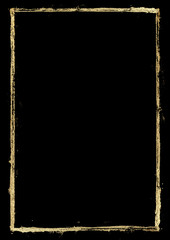 Golden grunge lines frame background. Gold shiny glittering stripes on black watercolor texture.