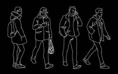 Set of young and adult men standing and walking. Monochrome vector illustration of men in different poses in simple line art style. Hand drawn sketch. White lines isolated on black background.