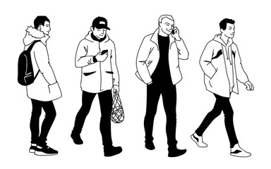 Men in different poses. Monochrome vector illustration of set of young and adult men standing and walking in simple line art style. Hand drawn sketch isolated on white background.