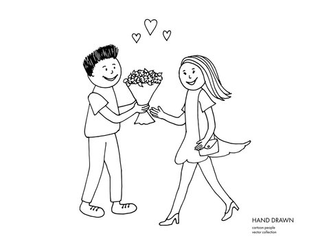 Boy giving flowers to a girl. Cartoon romantic hand drawn couple sketch illustration. Happy Women's Day holiday, romantic date, Valentines day card. Isolated black on white background