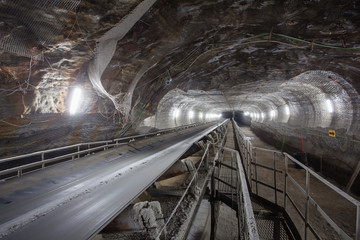 Salt potash mine ore shaft tunnel drift with conveyor underground
