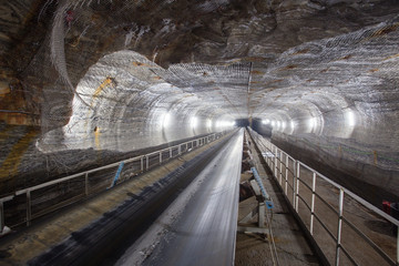 Salt potash mine ore shaft tunnel drift with conveyor underground